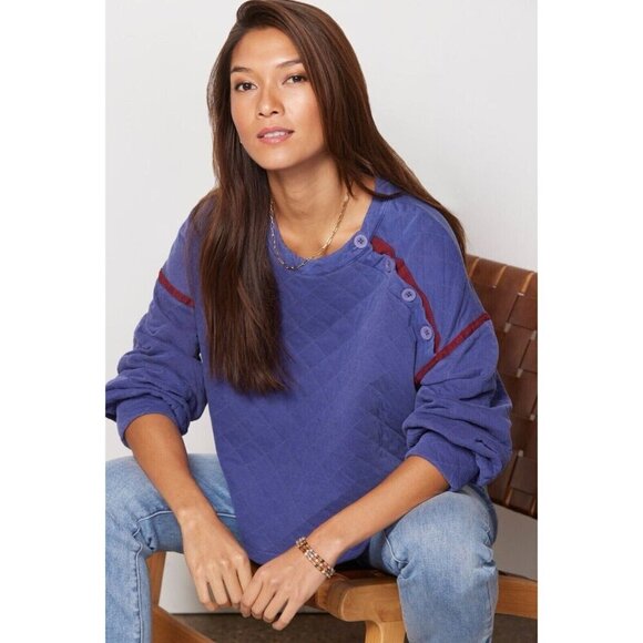 Sundry Quilted Asymmetric Button Closure Cropped Blue Sweatshirt Sz XS Oversized - Picture 1 of 9